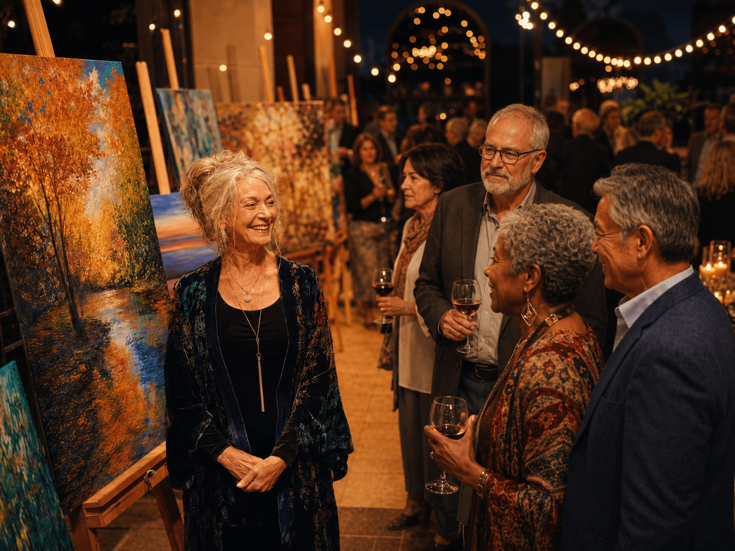 Older adults admiring original paintings on easels at an evening art auction, warm string lights overhead