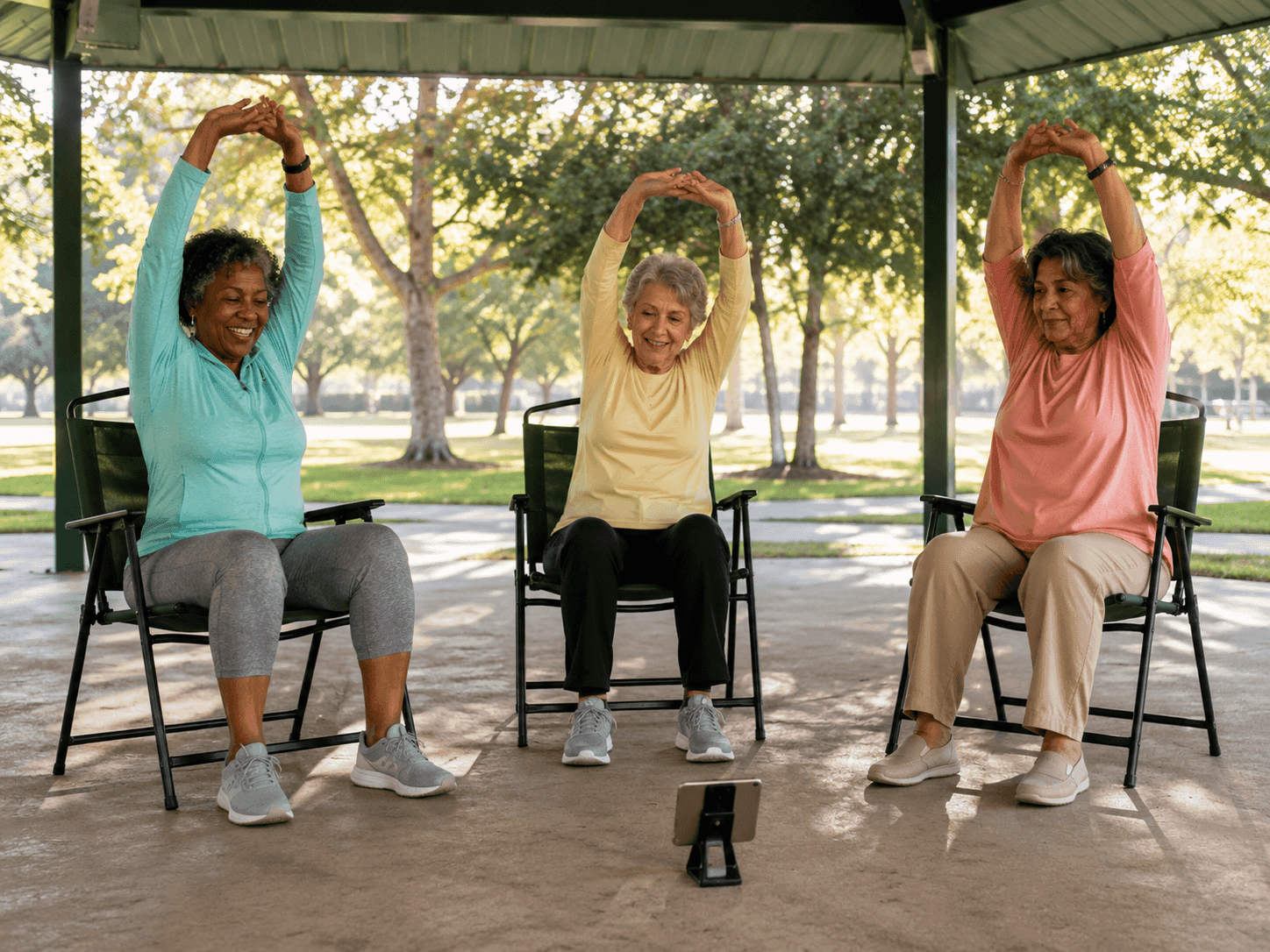 Older women in a chair-stretching wellness class at an outdoor pavilion