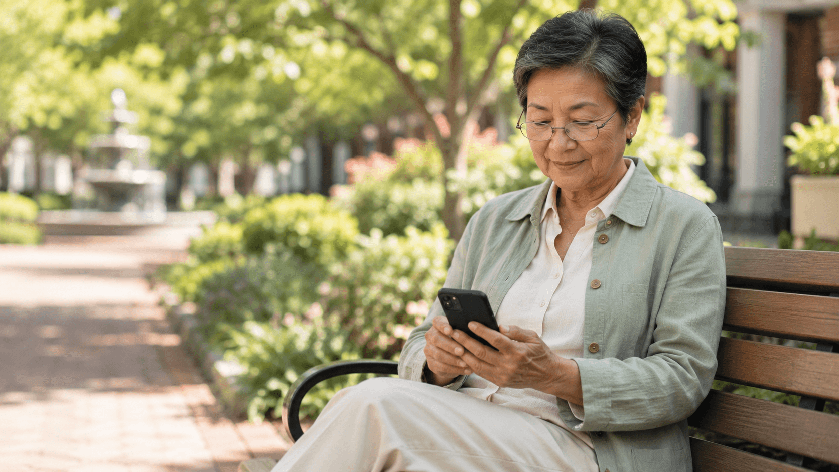A GOLD member learning to use her phone outdoors with a guide